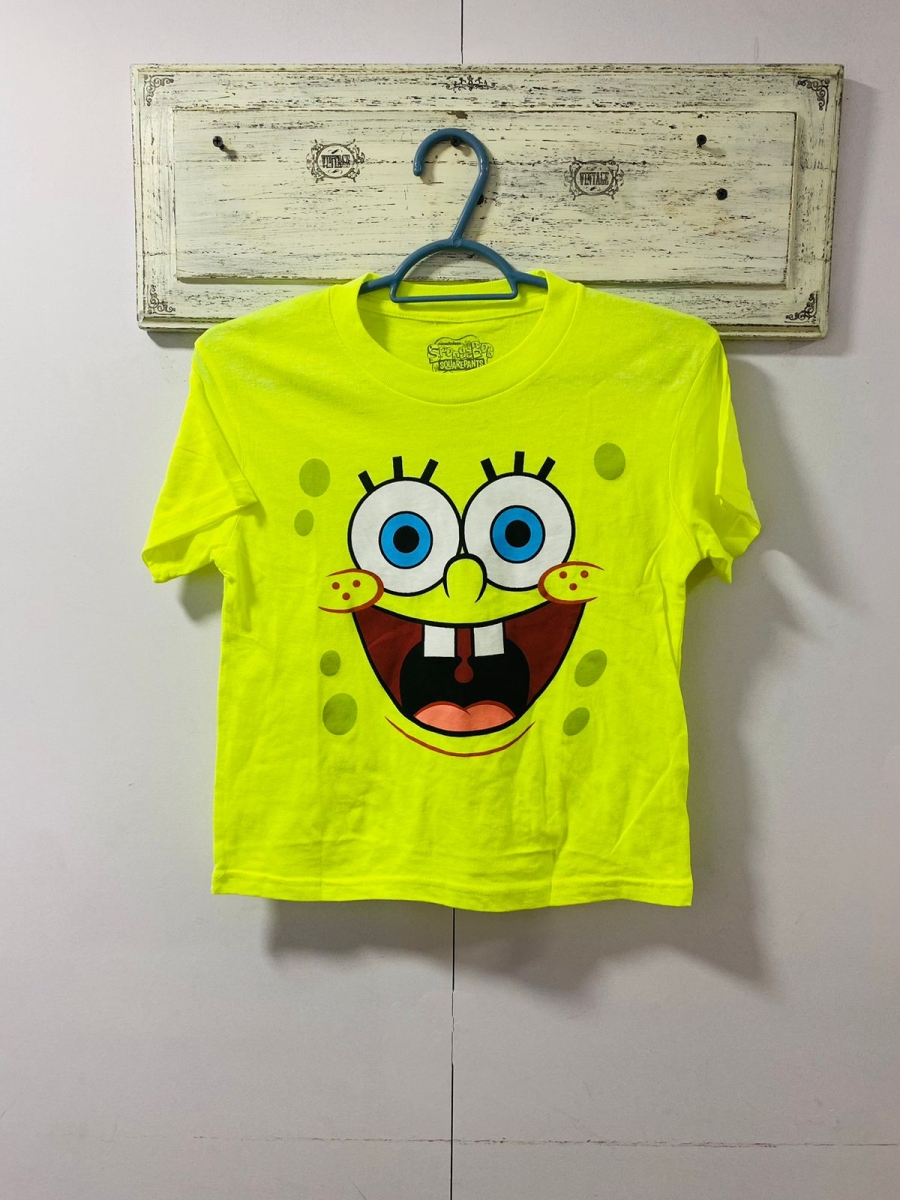 Polera Bob Esponja para dama tipo crop color amarillo neon 