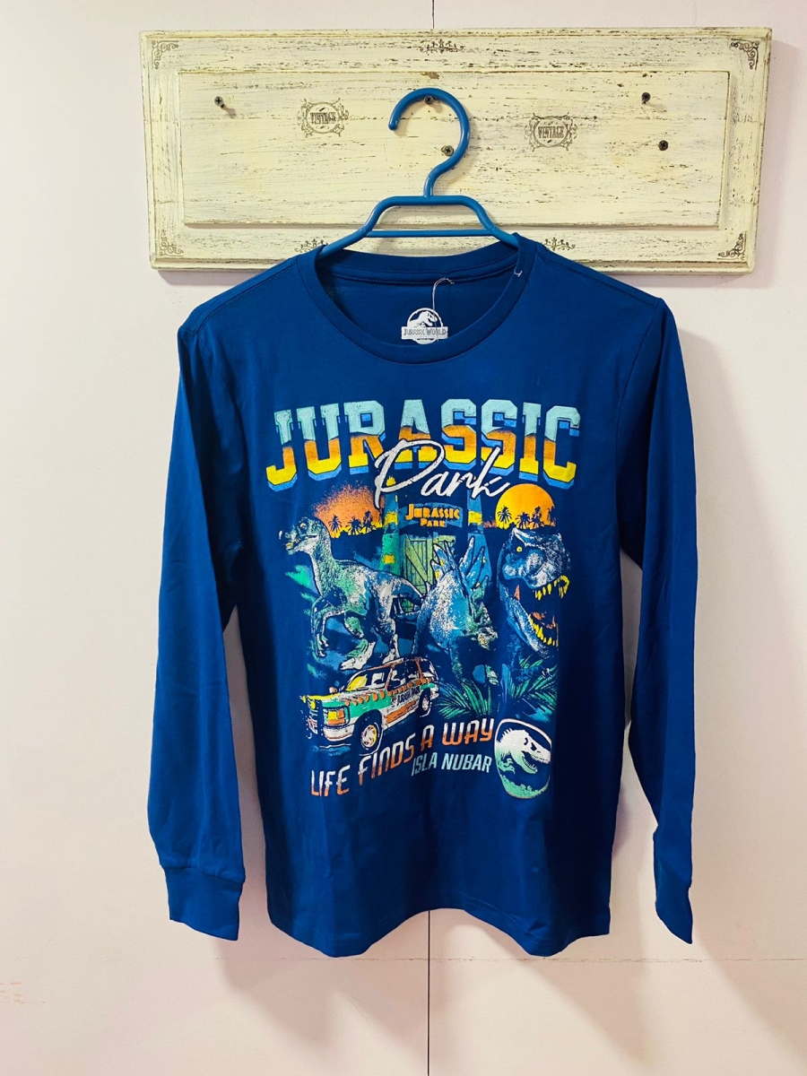 Polera jurassic park manga larga para niño color azul oscuro 