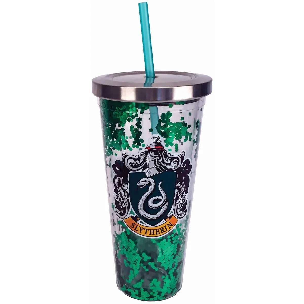 Vaso Harry Potter con purpurina de Slytherin y pajita 20 oz